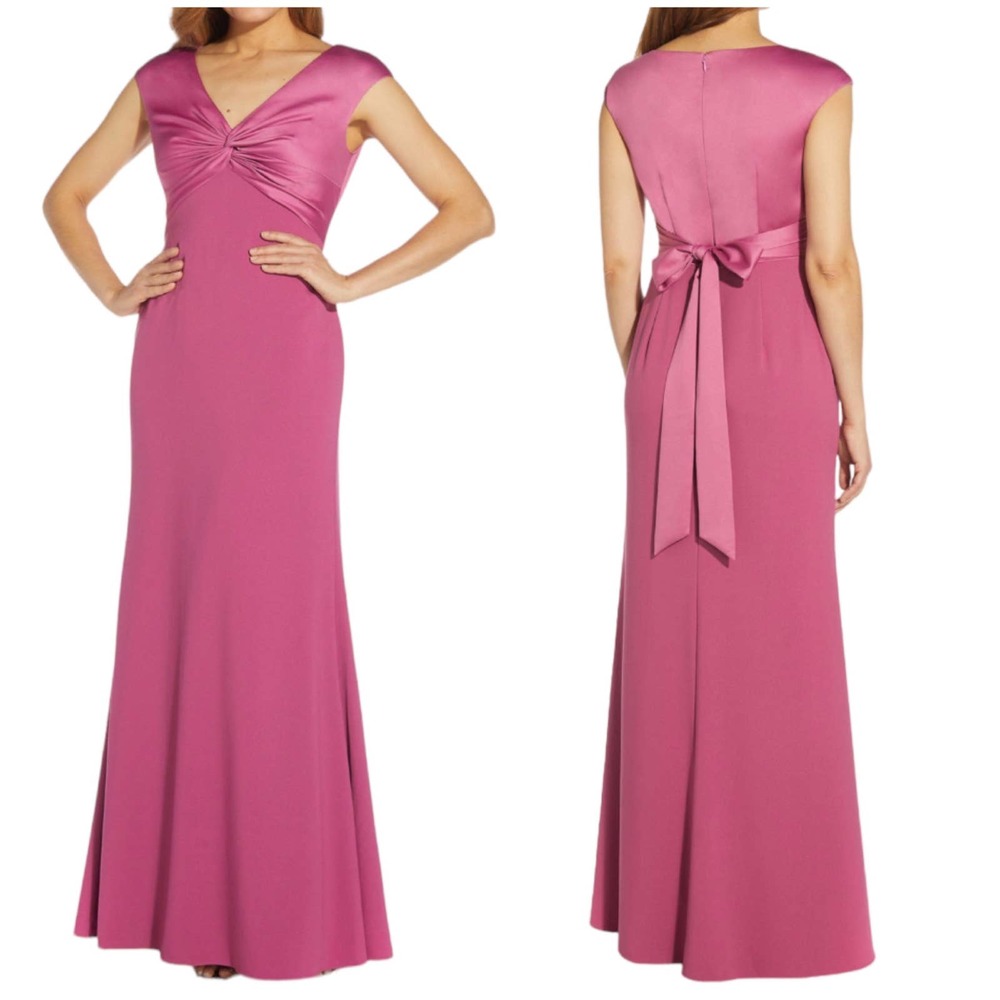 Adrianna Papell NWT Satin Crepe Twist Front Evening Gown Size 4 Pink Cap Sleeve